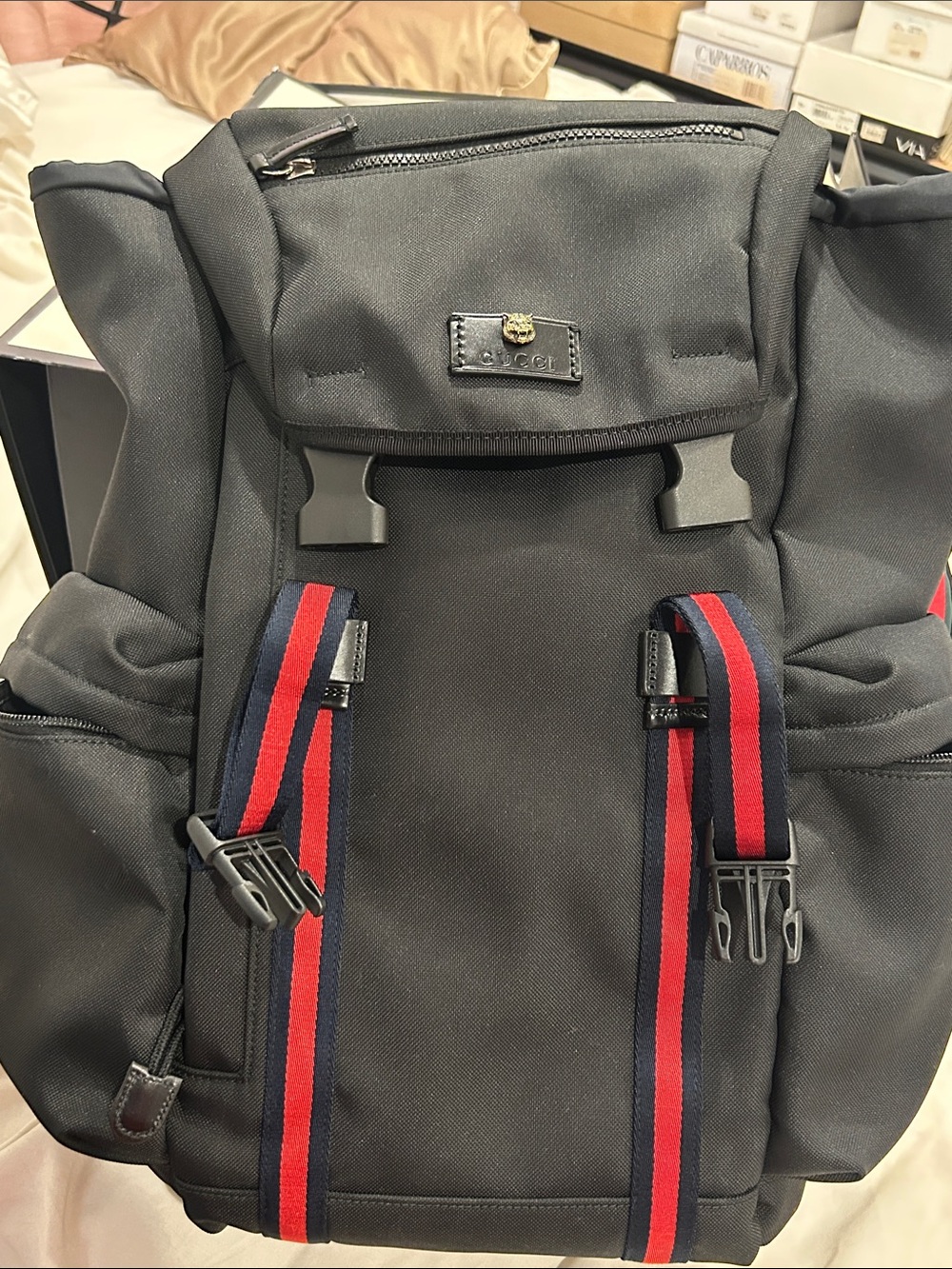 Gucci Black Backpack with Red & Blue Striped Webbing